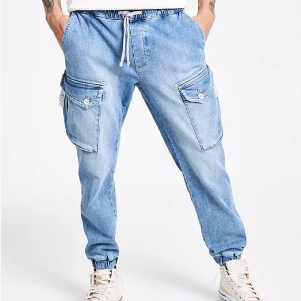 Sun + Stone Men's Encinita Regular-Fit Denim Cargo Joggers Size: XL (Waist 36)